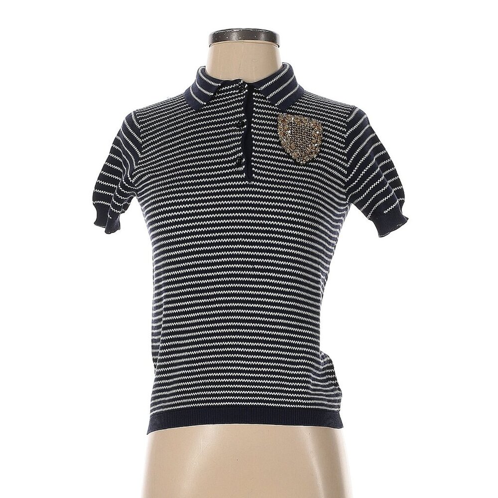Christian Dior Navy and White Striped Silk Knit Polo Shirt Size FR36